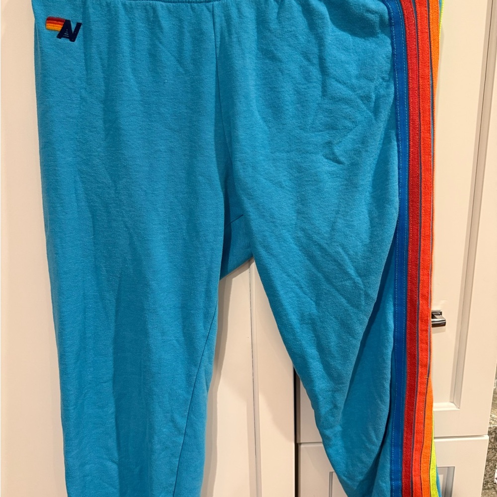Aviator Nation Blue Joggers with Rainbow Stripes